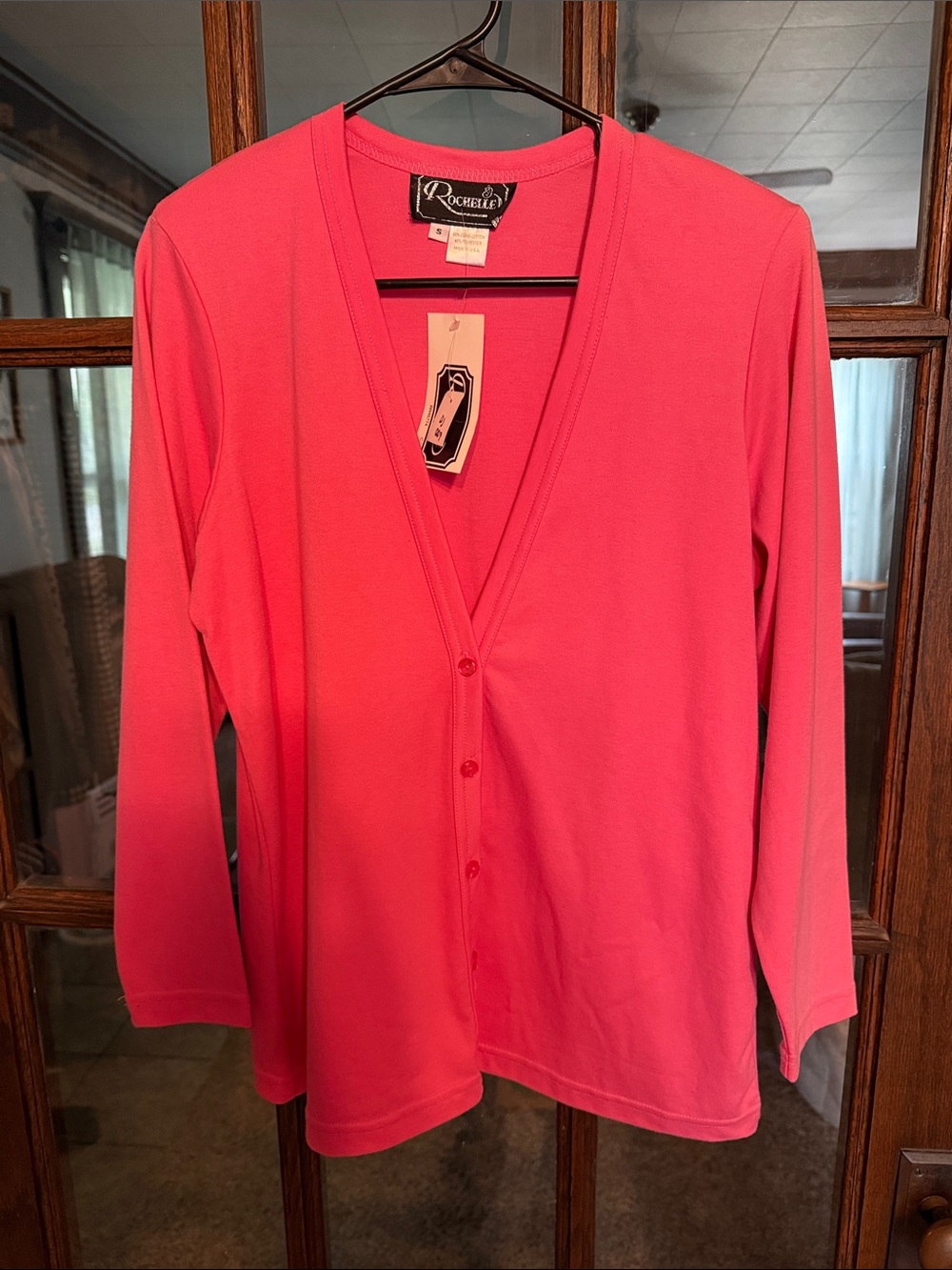 Rochelle Pink V-Neck Button Front Long Sleeve Cardigan‎ Sweater Small NWT USA